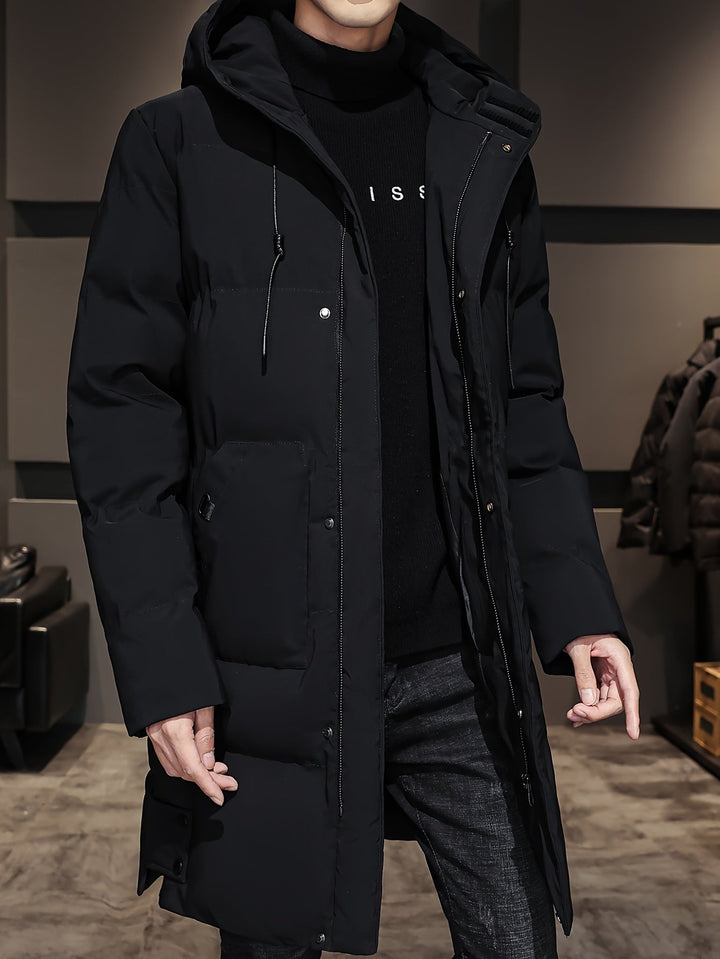 Hendrix black hooded long padded winter jacket, front view with zipper detail