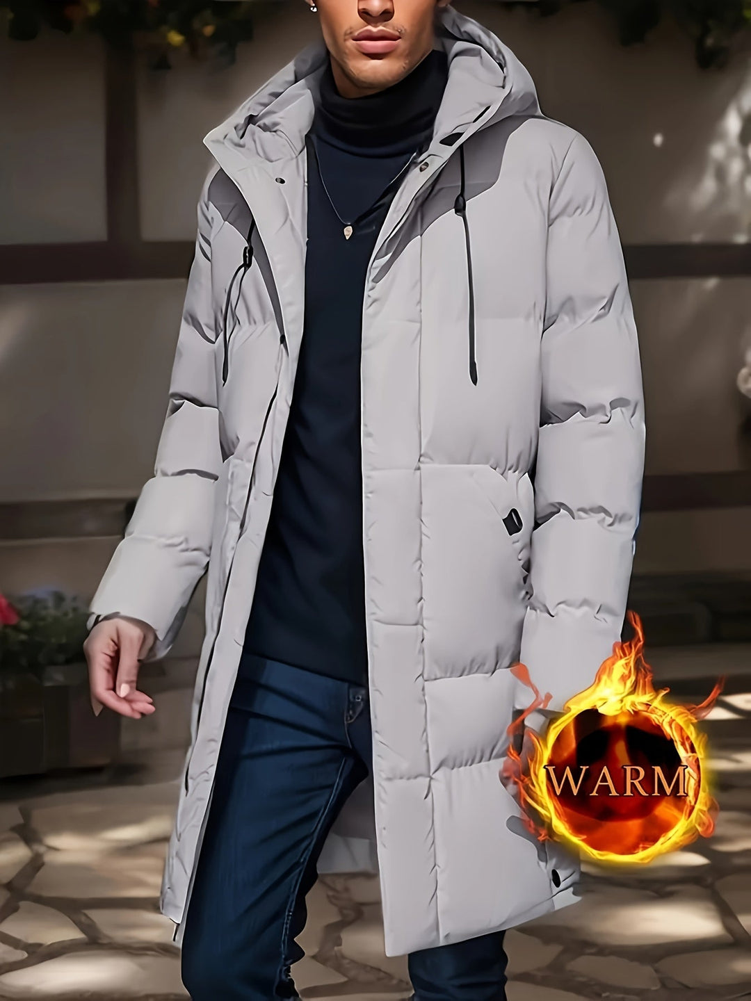 Hendrix light gray hooded long padded winter jacket, front view