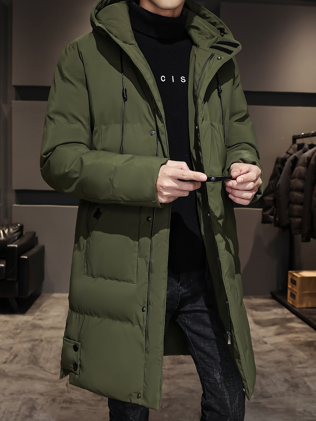 Hendrix olive green hooded long padded winter jacket, side angle view