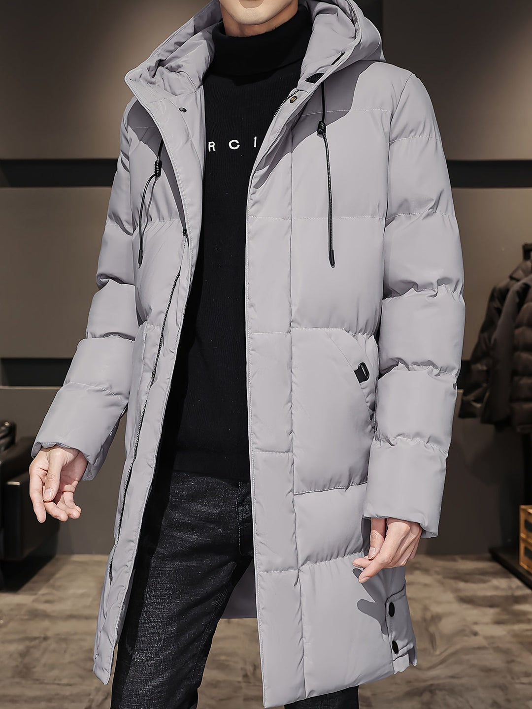 Hendrix olive green hooded long padded winter jacket, side angle view