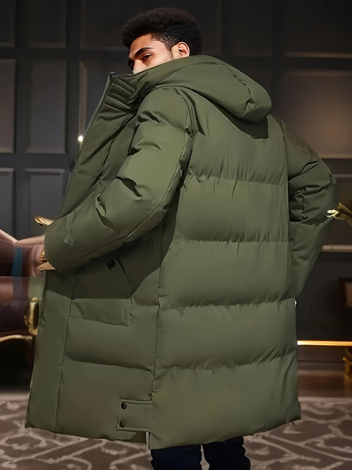 Hendrix olive green hooded long padded winter jacket, side angle view