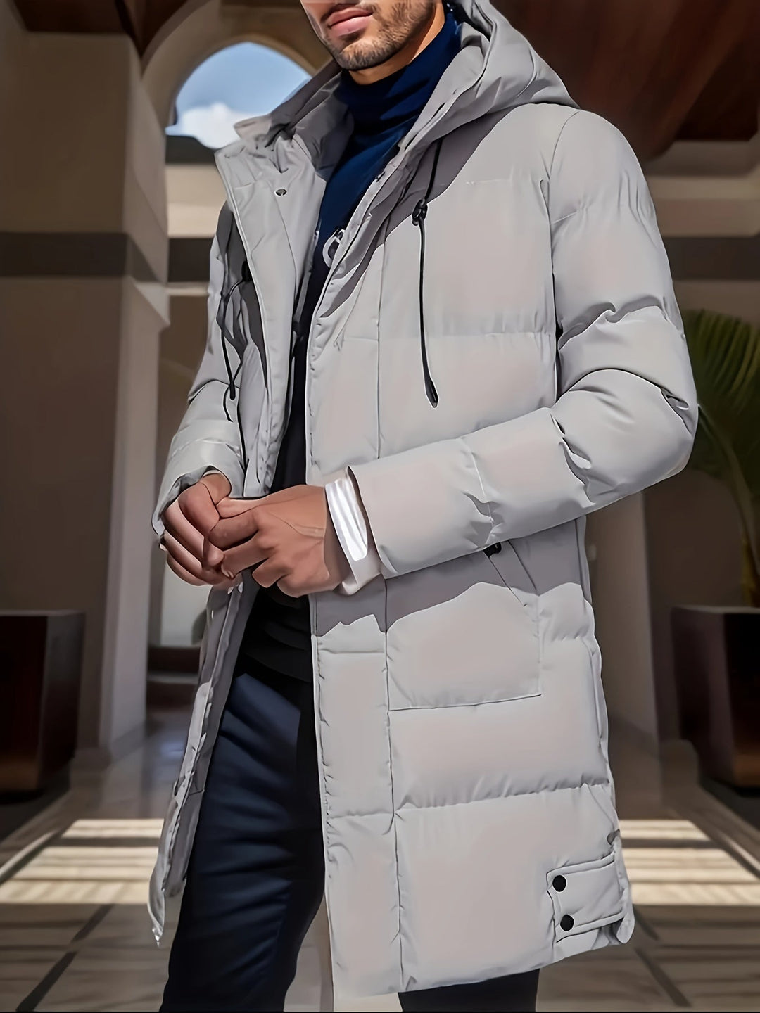 Hendrix olive green hooded long padded winter jacket, side angle view