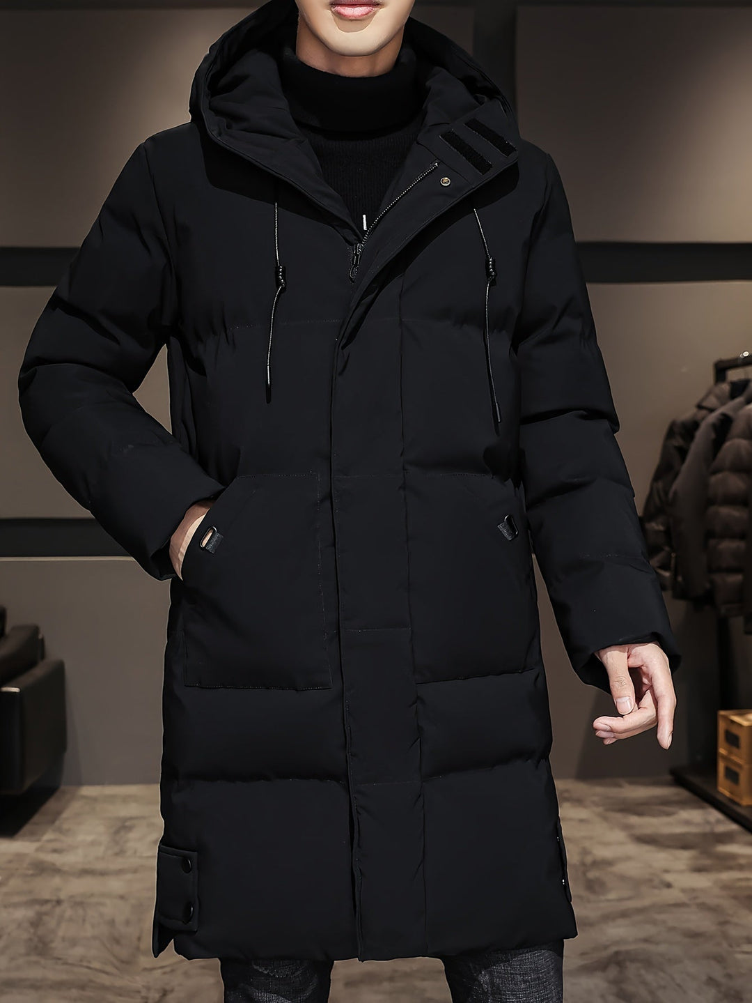 Hendrix olive green hooded long padded winter jacket, side angle view