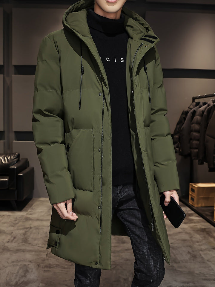 Hendrix olive green hooded long padded winter jacket, side angle view