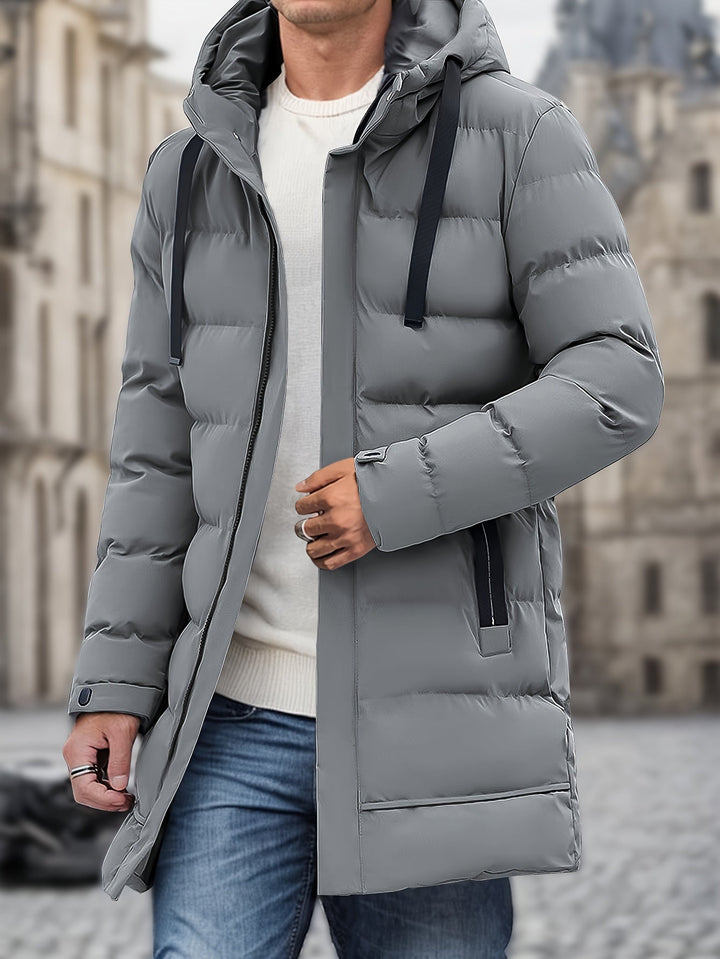 Thatcher hooded puffer coat in grey, front view with drawstring hood and large pocket