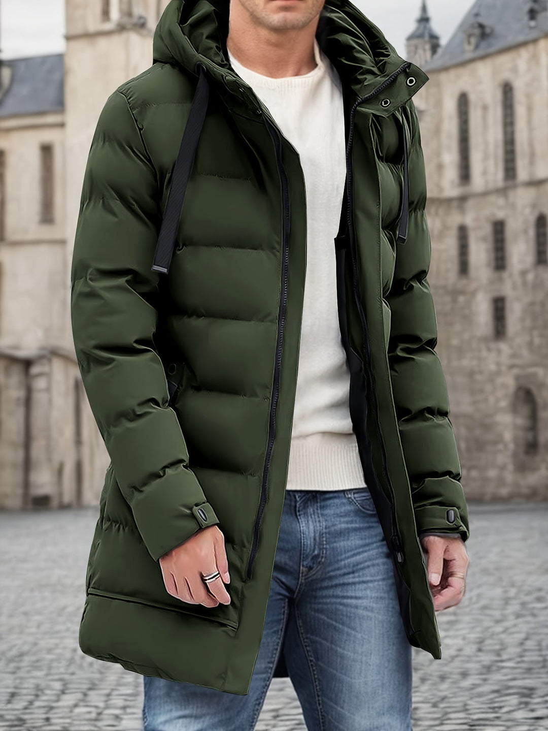 Thatcher hooded puffer coat insulation layers diagram highlighting warmth and wind protection