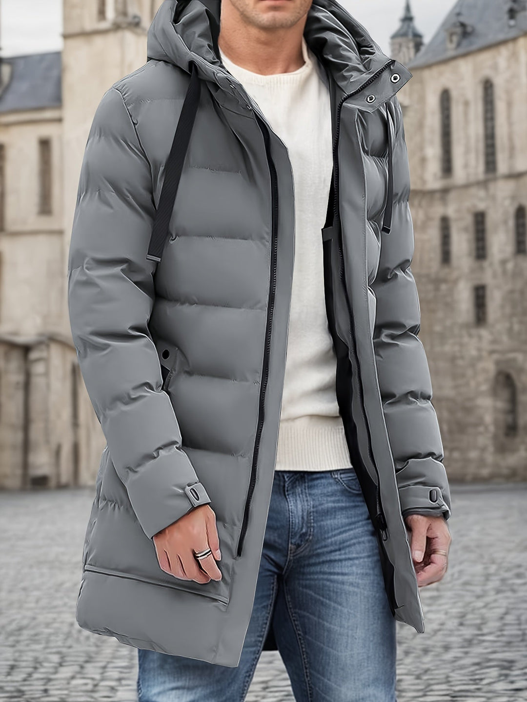 Thatcher hooded puffer coat insulation layers diagram highlighting warmth and wind protection