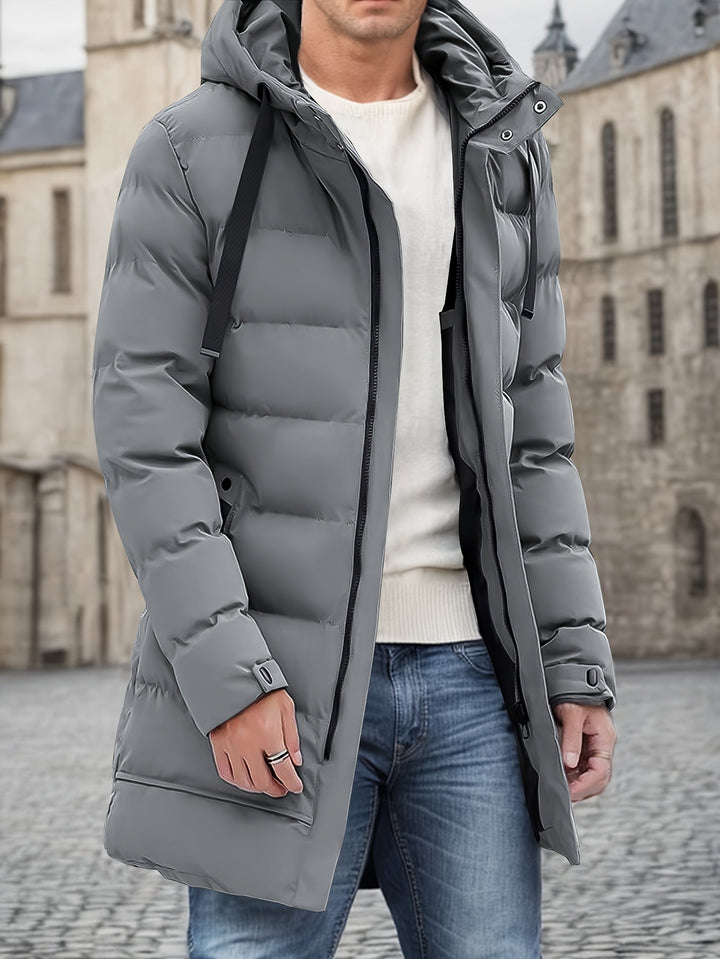 Thatcher hooded puffer coat insulation layers diagram highlighting warmth and wind protection