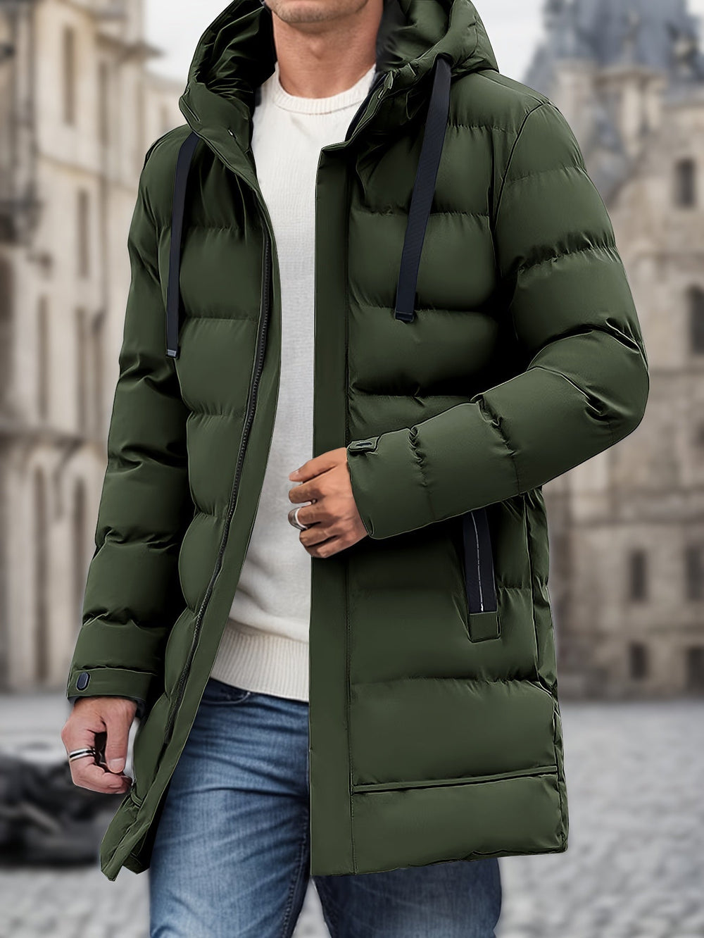 Thatcher hooded puffer coat in green, front view showing quilted panels and zip closure