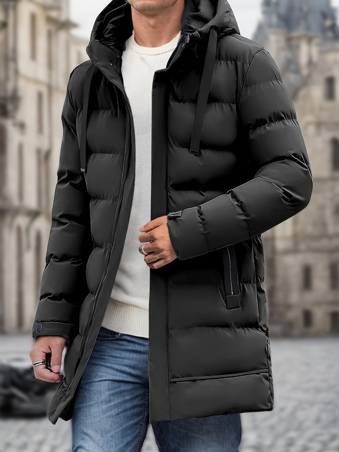 Thatcher hooded puffer coat in black, close-up of sleeve cuff and front pocket detail
