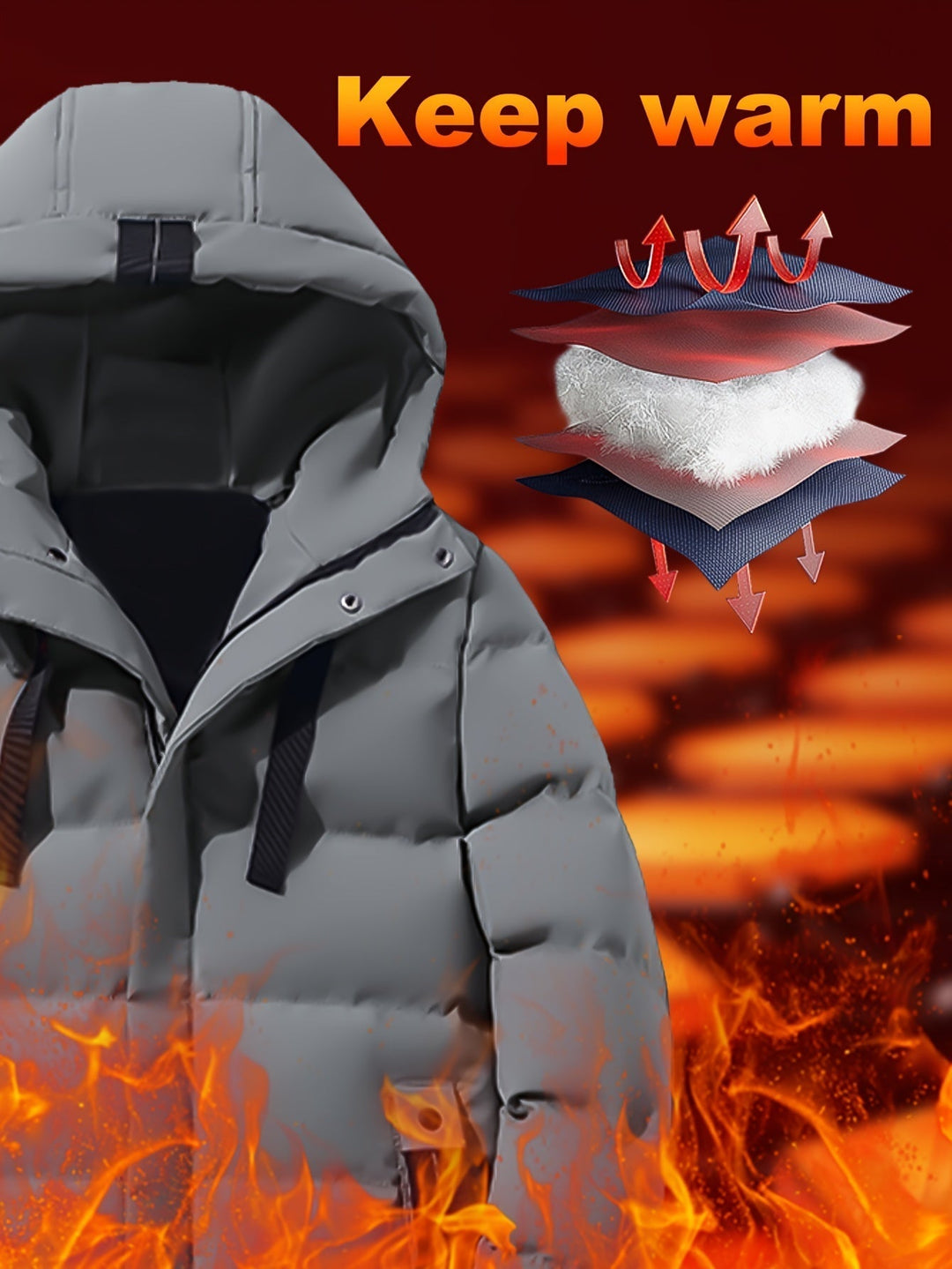 Thatcher hooded puffer coat insulation layers diagram highlighting warmth and wind protection