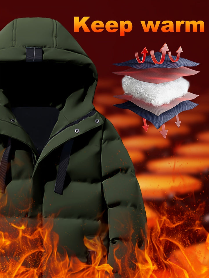 Thatcher hooded puffer coat insulation layers diagram highlighting warmth and wind protection