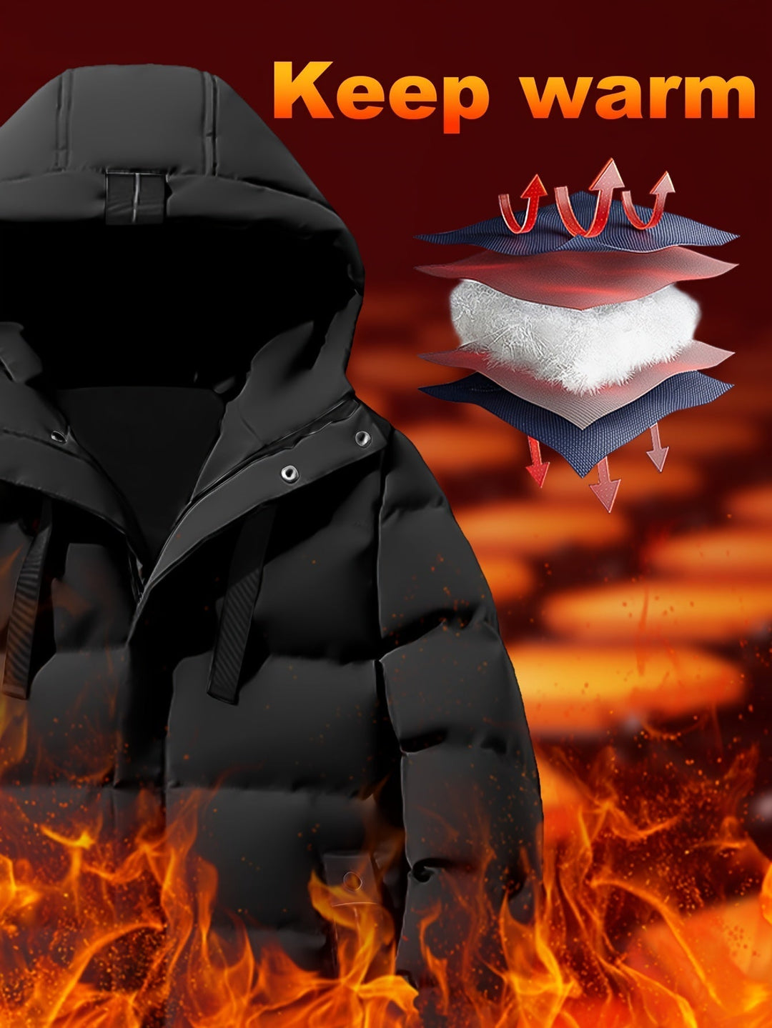 Thatcher hooded puffer coat insulation layers diagram highlighting warmth and wind protection