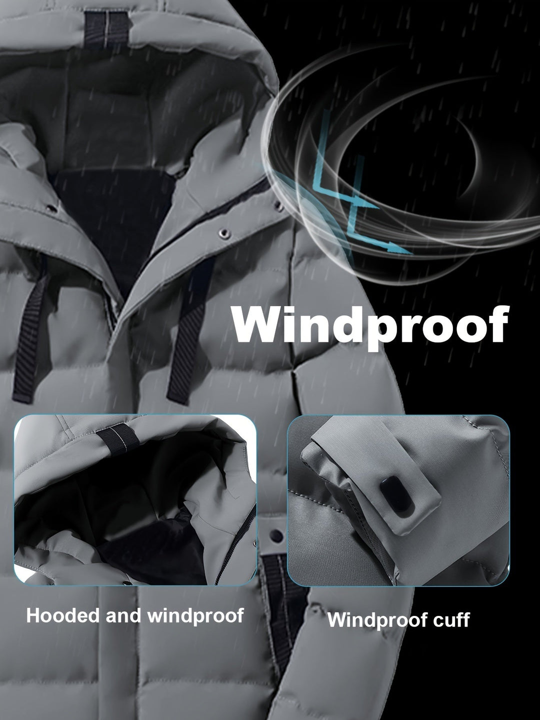 Thatcher hooded puffer coat insulation layers diagram highlighting warmth and wind protection