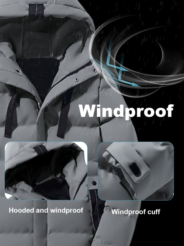 Thatcher hooded puffer coat insulation layers diagram highlighting warmth and wind protection