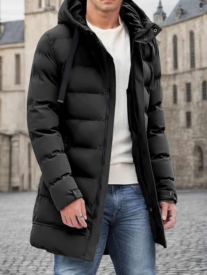 Thatcher hooded puffer coat insulation layers diagram highlighting warmth and wind protection