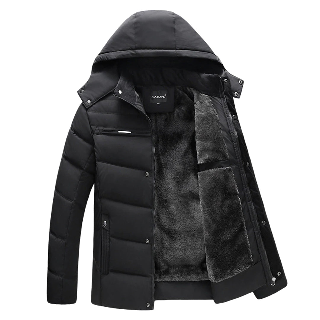 Callahan hooded quilted puffer winter jacket, front view open showing lining