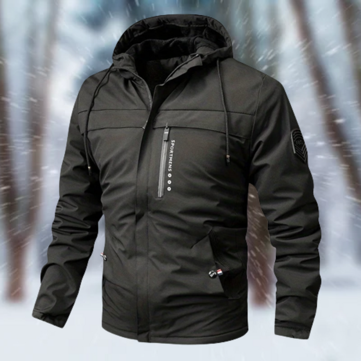 Dashiell hooded waterproof winter jacket, front view with zippered chest pocket