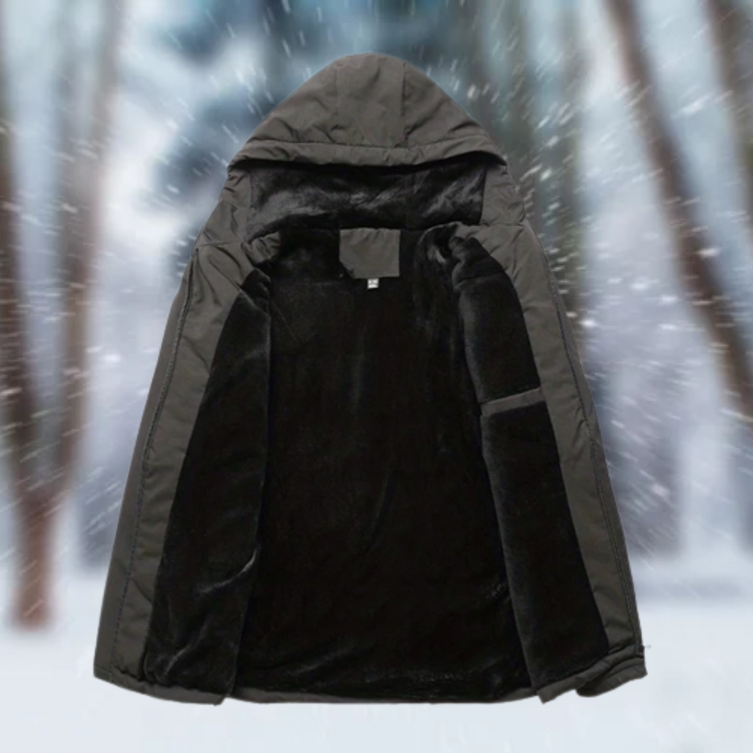 Dashiell winter jacket open showing fleece lining and hood