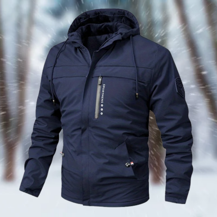 Close-up of zipper pocket and drawcord detail on Dashiell winter jacket