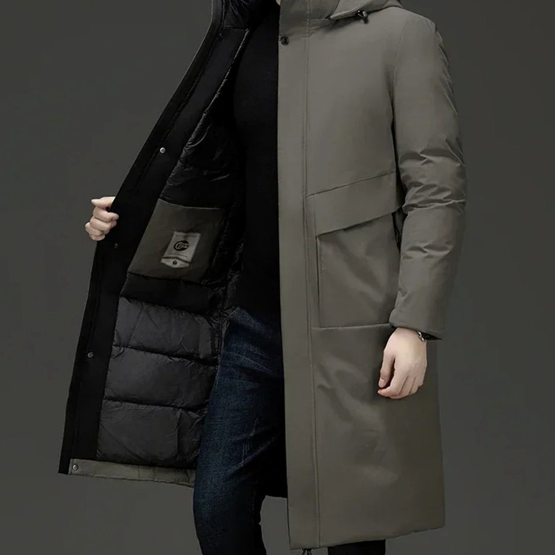 Grant insulated hooded long puffer coat in olive, open front view showing quilted lining