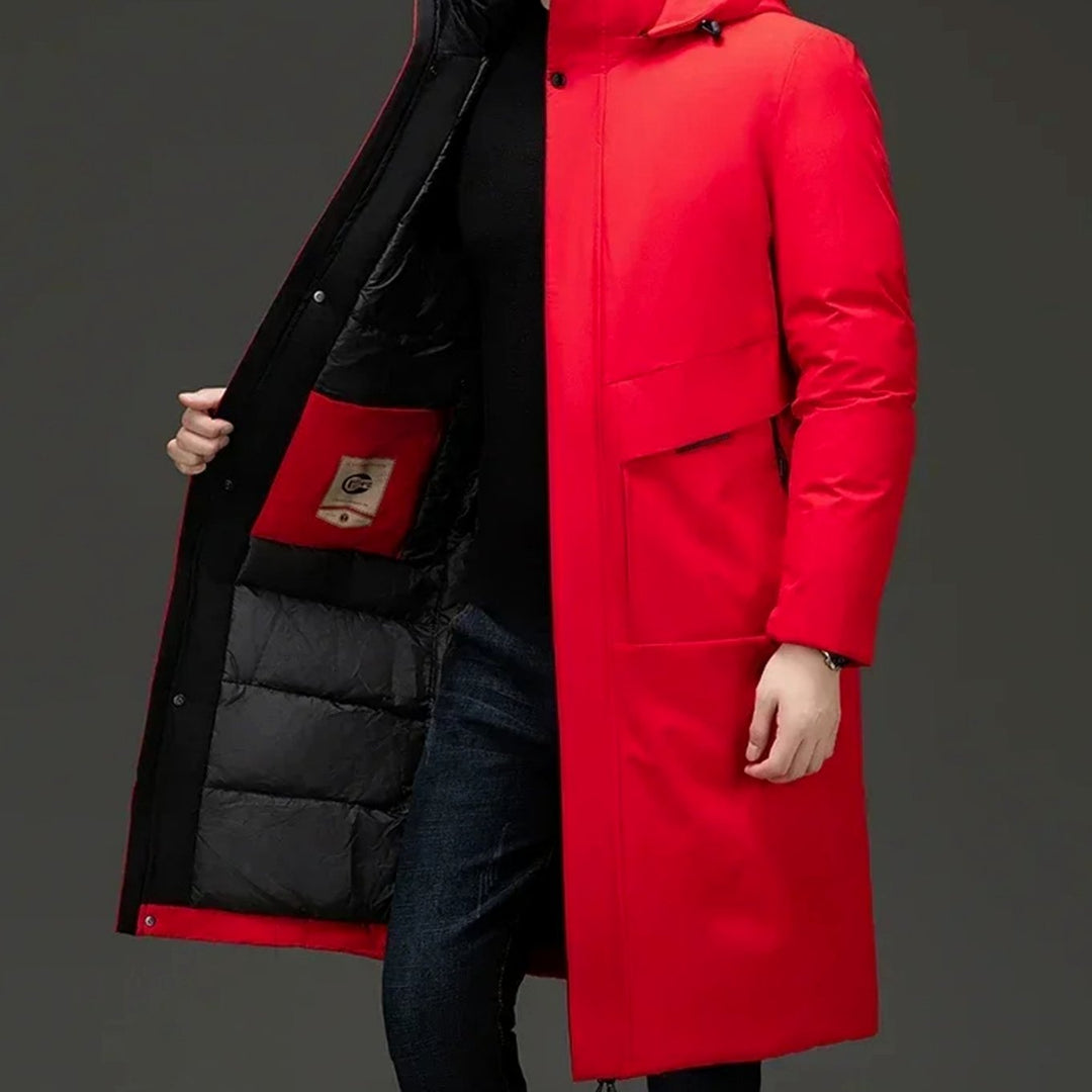 Grant insulated hooded long puffer coat in red, open front showing chest pocket and lining