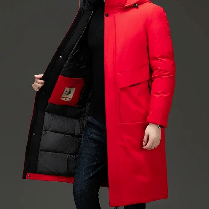 Grant insulated hooded long puffer coat in red, open front showing chest pocket and lining