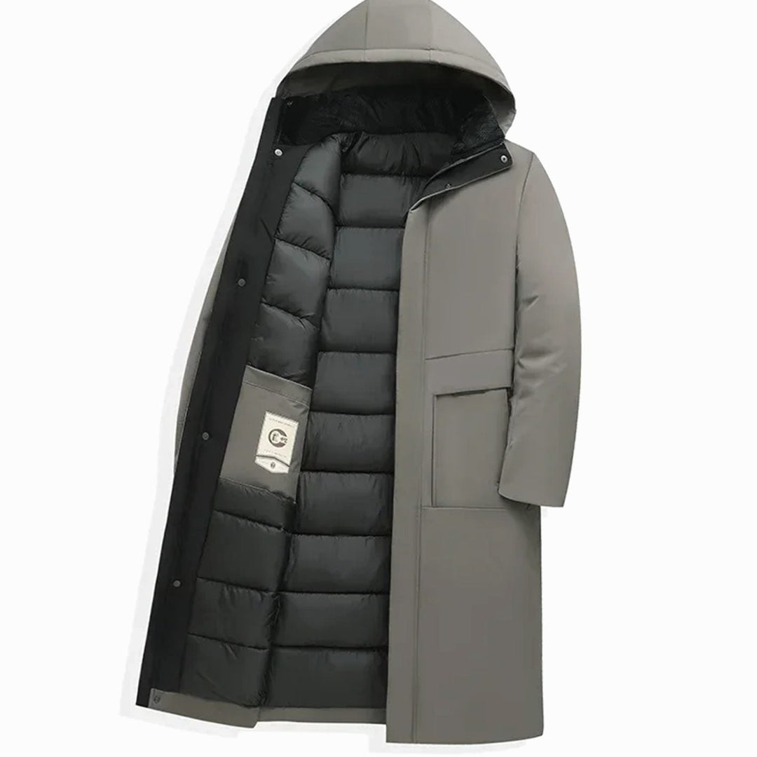 Grant insulated hooded long puffer coat in grey, open front flat lay view