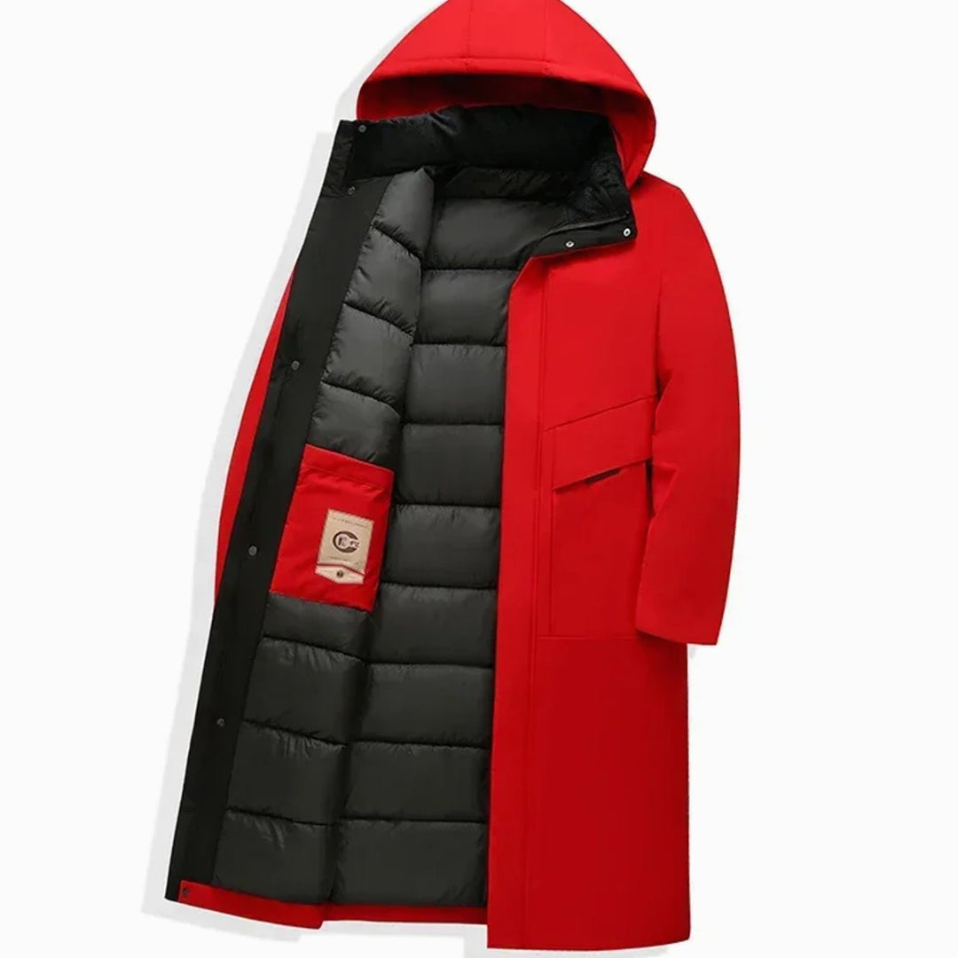 Grant insulated hooded long puffer coat in grey, open front flat lay view