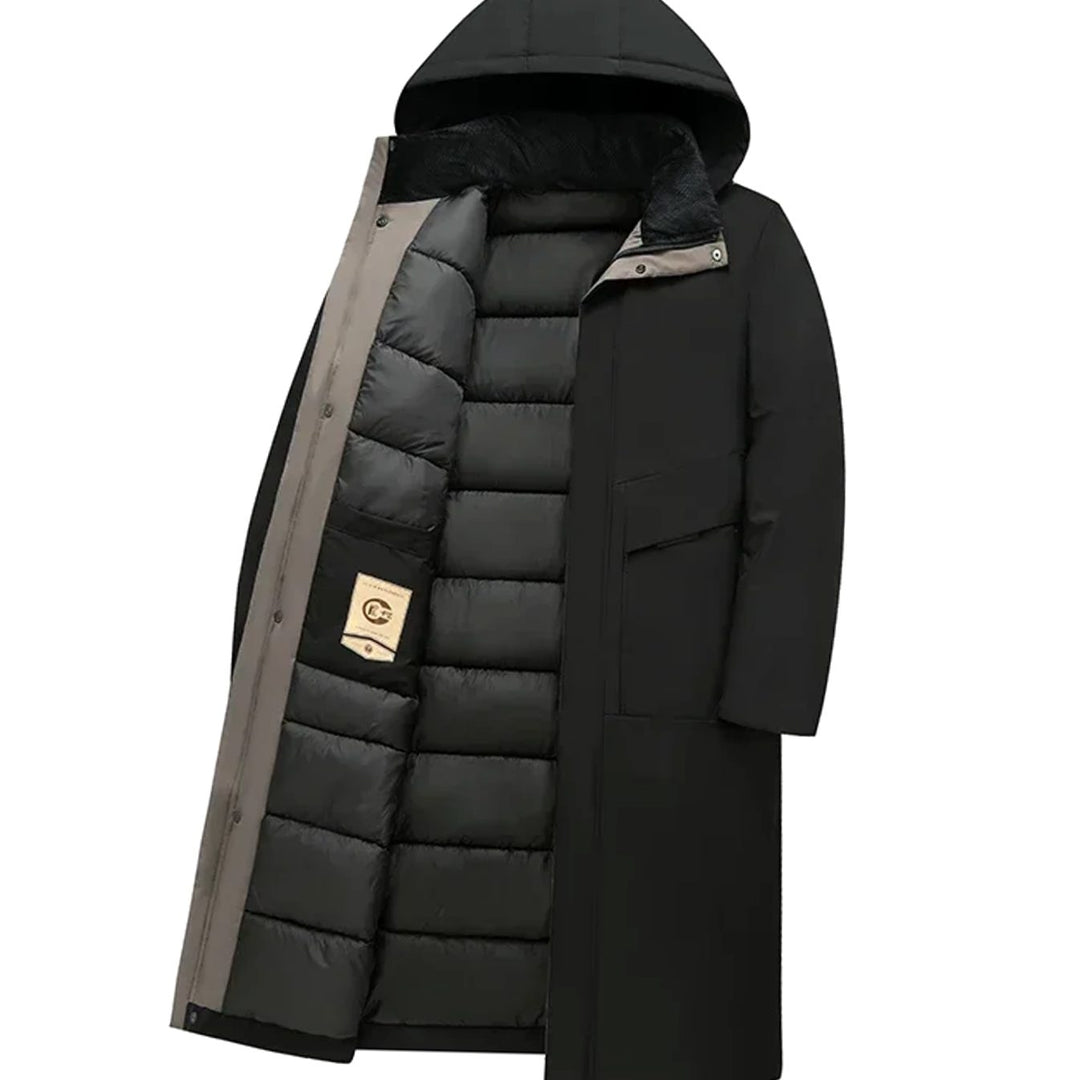 Grant insulated hooded long puffer coat in grey, open front flat lay view