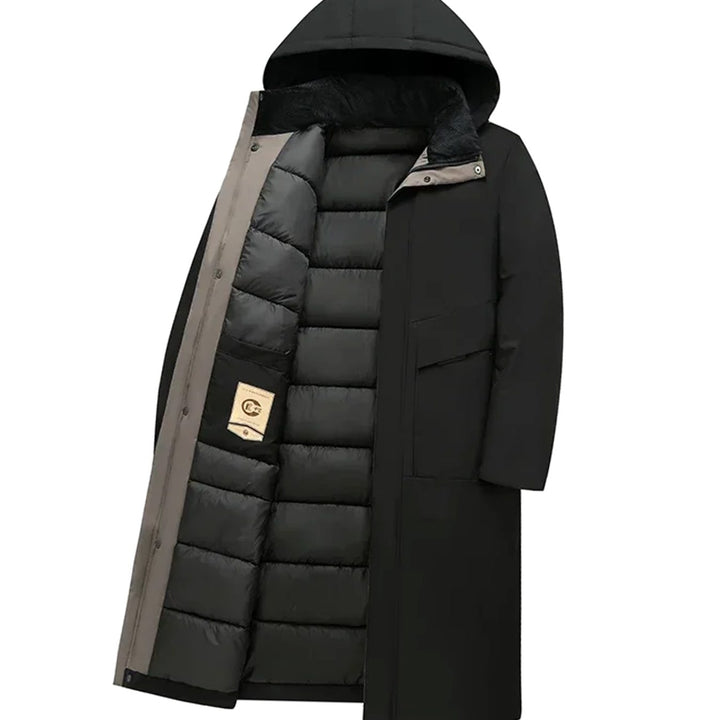 Grant insulated hooded long puffer coat in grey, open front flat lay view
