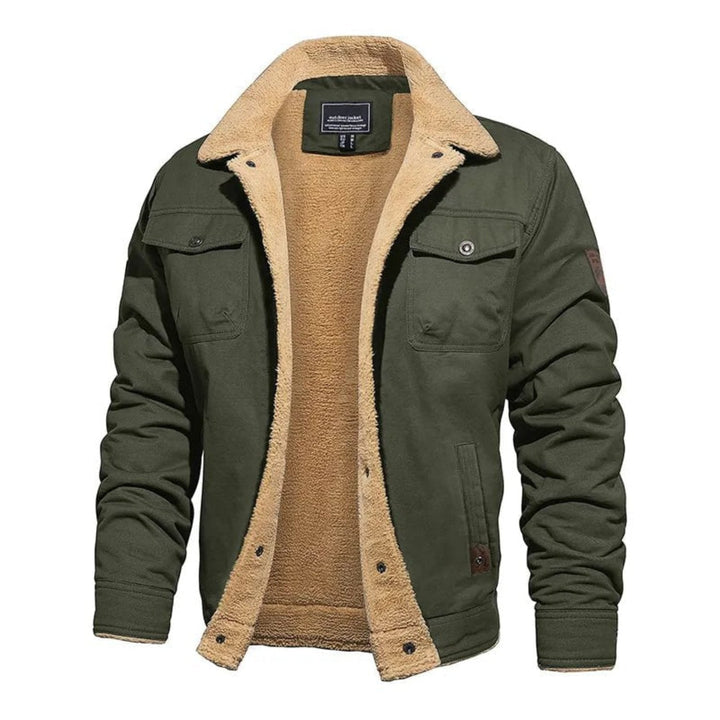 Rutherford sherpa collar trucker jacket in green, front view open