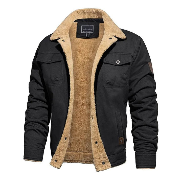 Rutherford sherpa collar trucker jacket in black, front view open