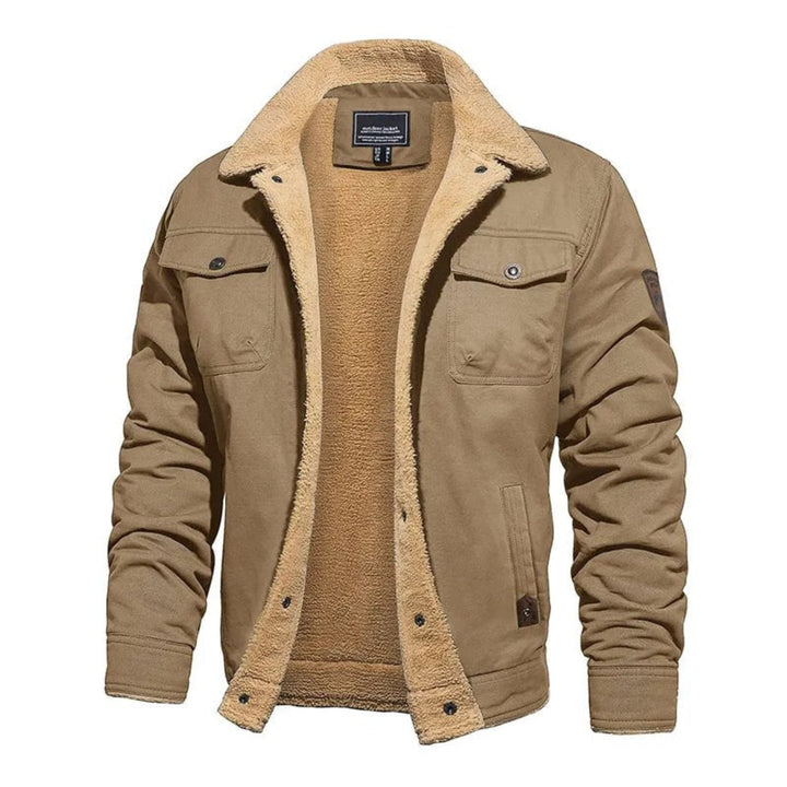 Rutherford sherpa collar trucker jacket in khaki, front view open