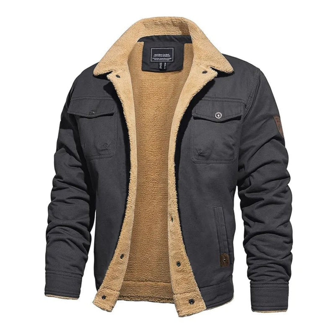 Rutherford sherpa collar trucker jacket in gray, front view open
