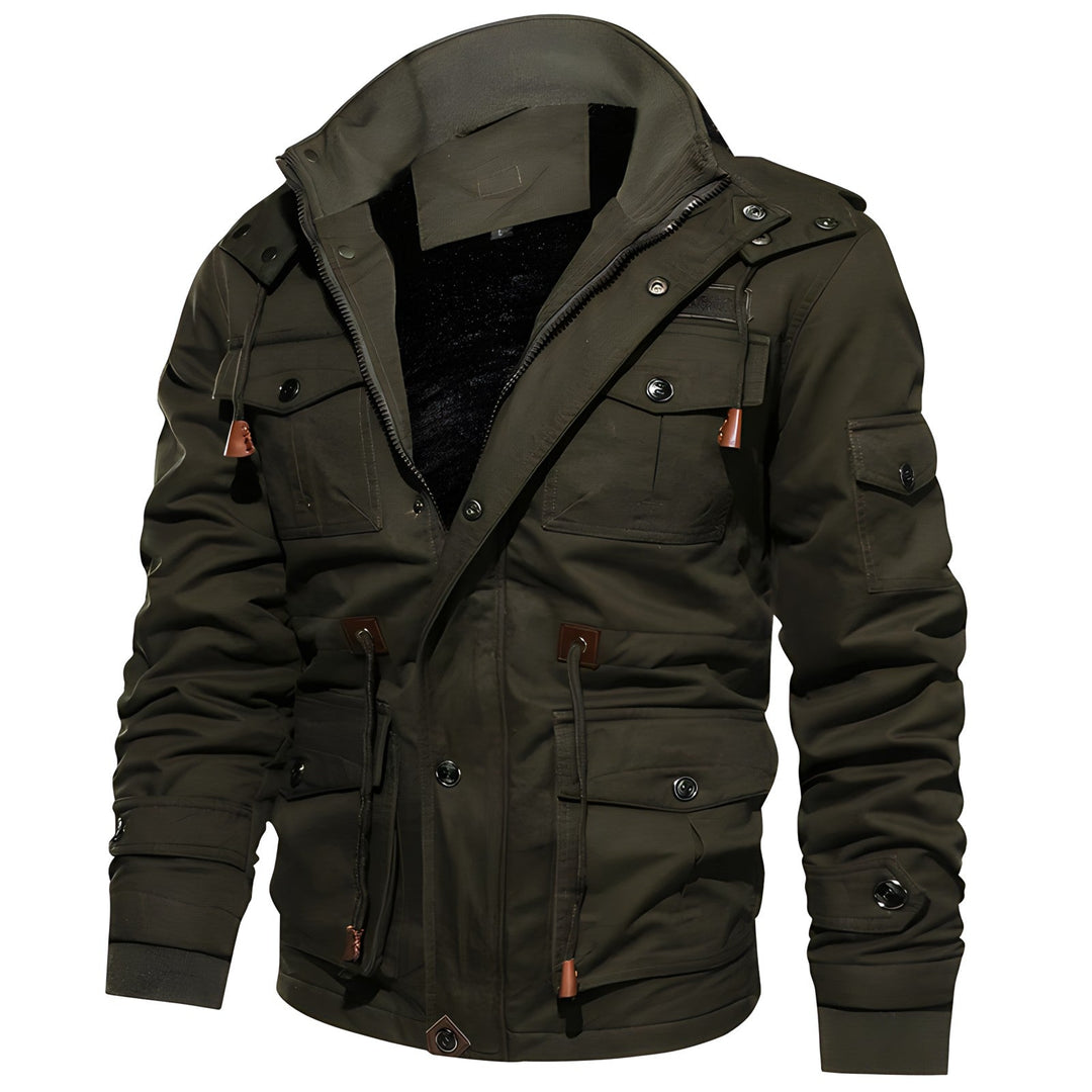 Barrett green tactical hooded winter jacket, front view with hood up