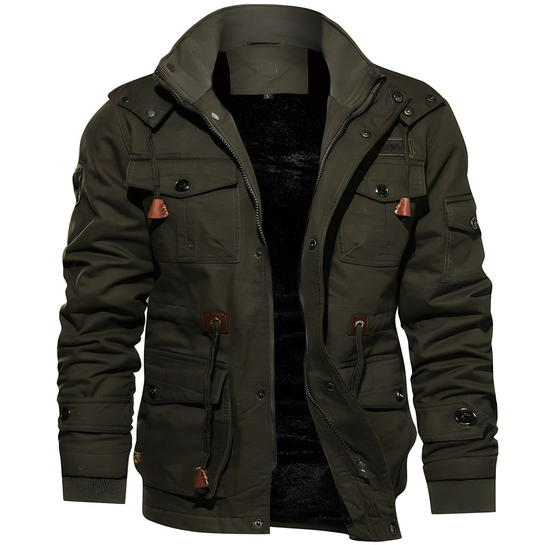 Barrett tan tactical winter jacket, back view showing hood and silhouette