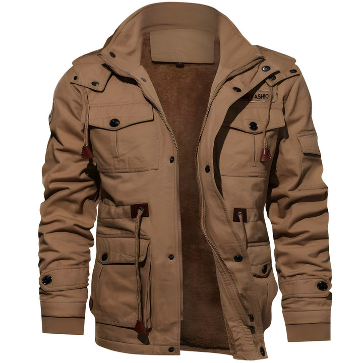 Barrett tan tactical winter jacket, back view showing hood and silhouette