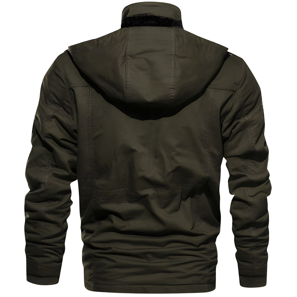 Barrett green tactical winter jacket, back view showing hood and fit