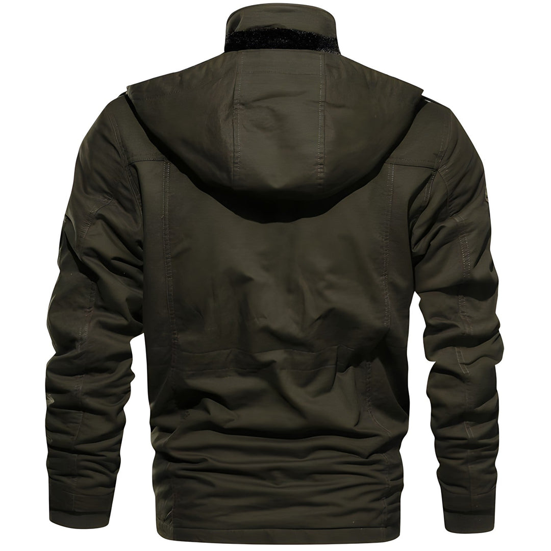 Barrett green tactical winter jacket, back view showing hood and fit