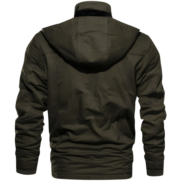 Barrett green tactical winter jacket, back view showing hood and fit