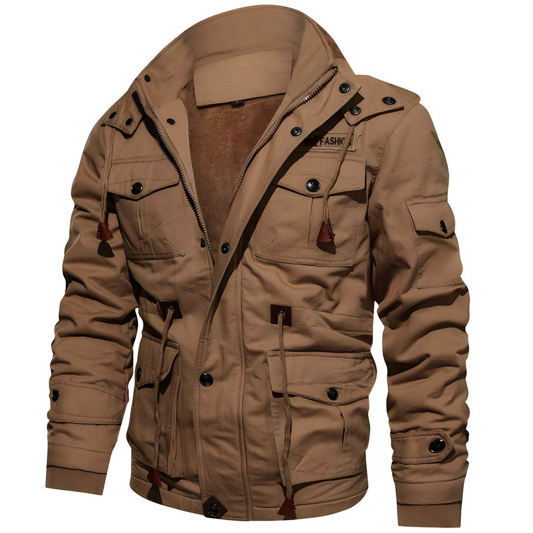Barrett tan tactical hooded winter jacket, front view with cargo pockets