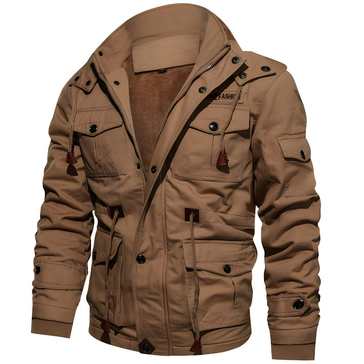 Barrett tan tactical hooded winter jacket, front view with cargo pockets