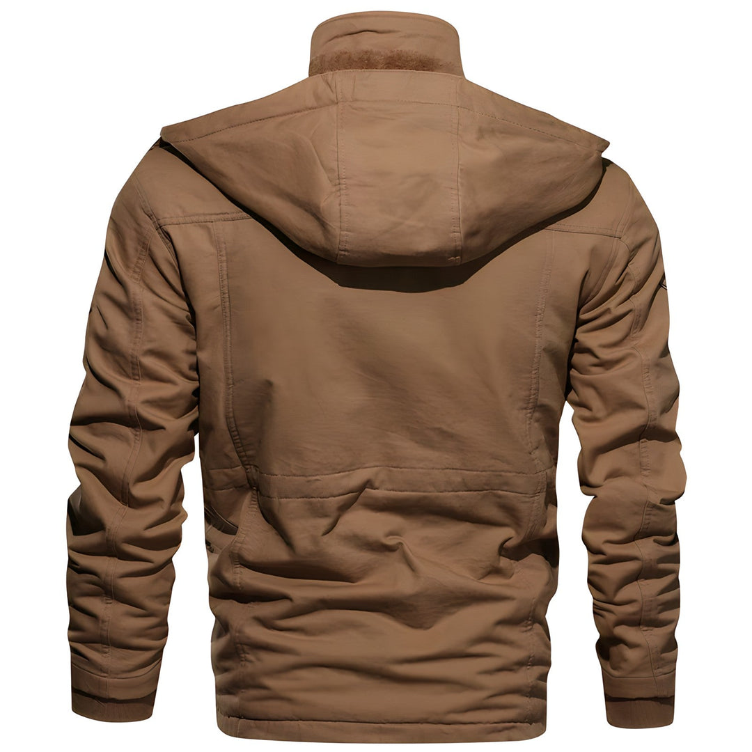 Barrett tan tactical winter jacket, back view showing hood and silhouette