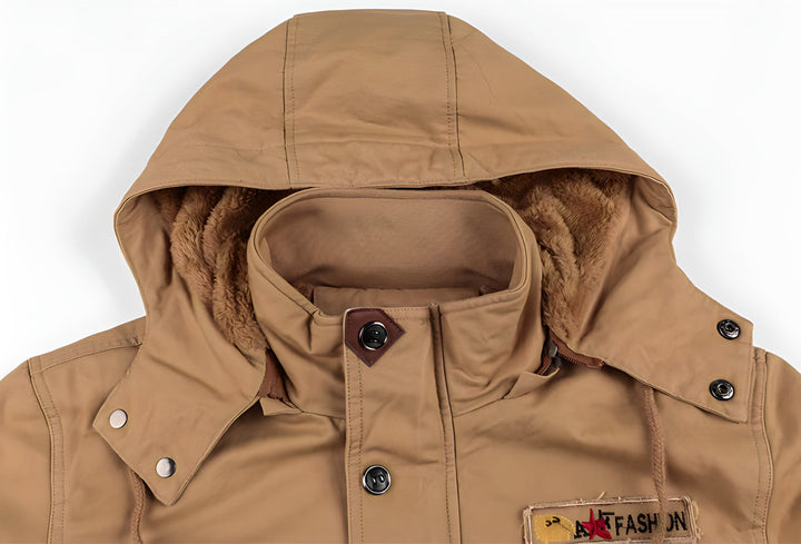 Barrett tan tactical winter jacket, back view showing hood and silhouette