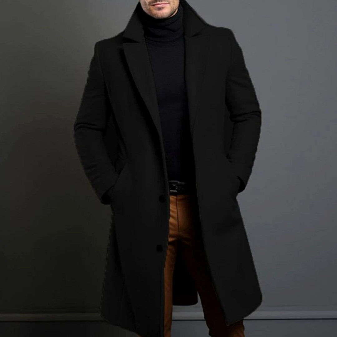 Desmond tailored long overcoat in black, front view
