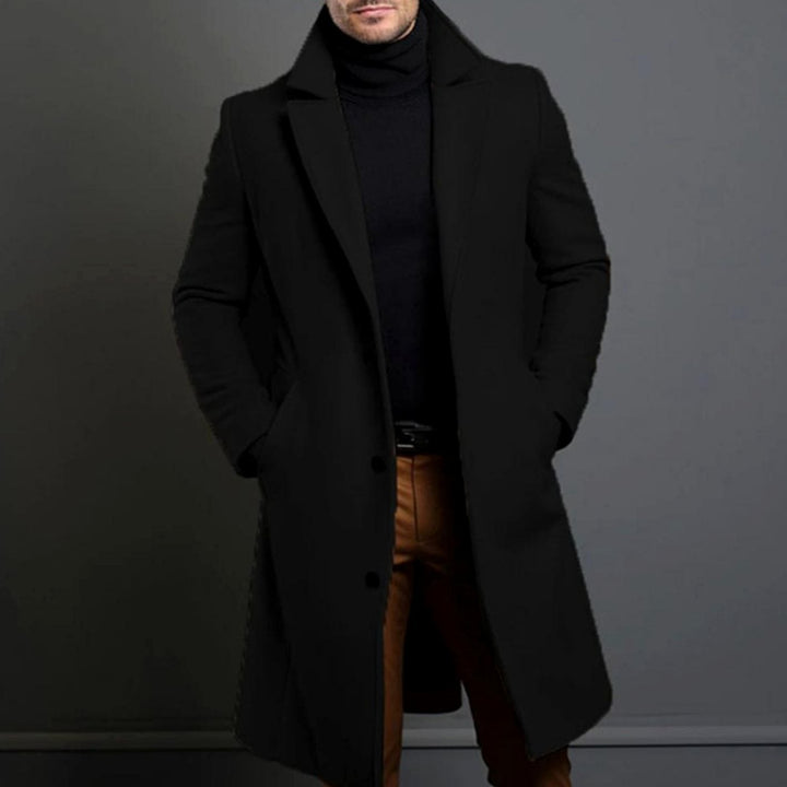 Desmond tailored long overcoat in black, front view