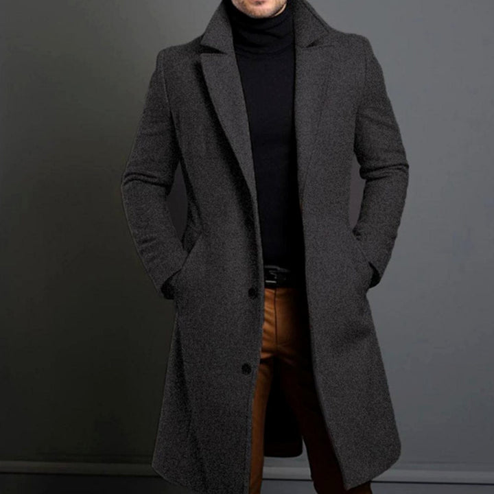 Desmond tailored long overcoat in grey, front view