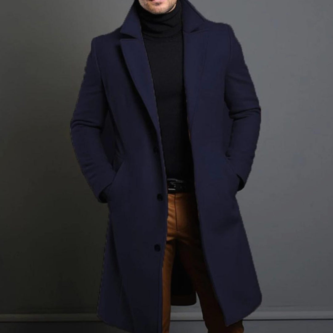 Desmond tailored long overcoat in navy, front view