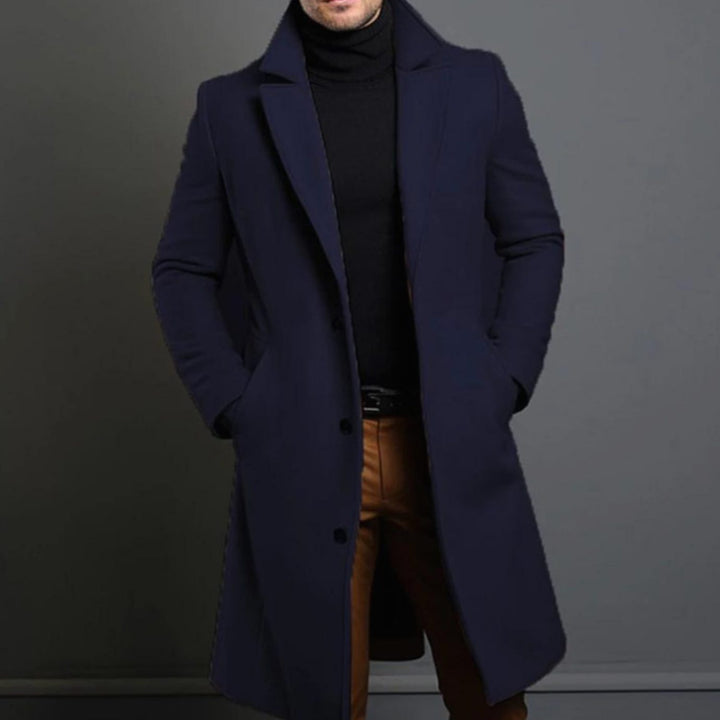Desmond tailored long overcoat in navy, front view